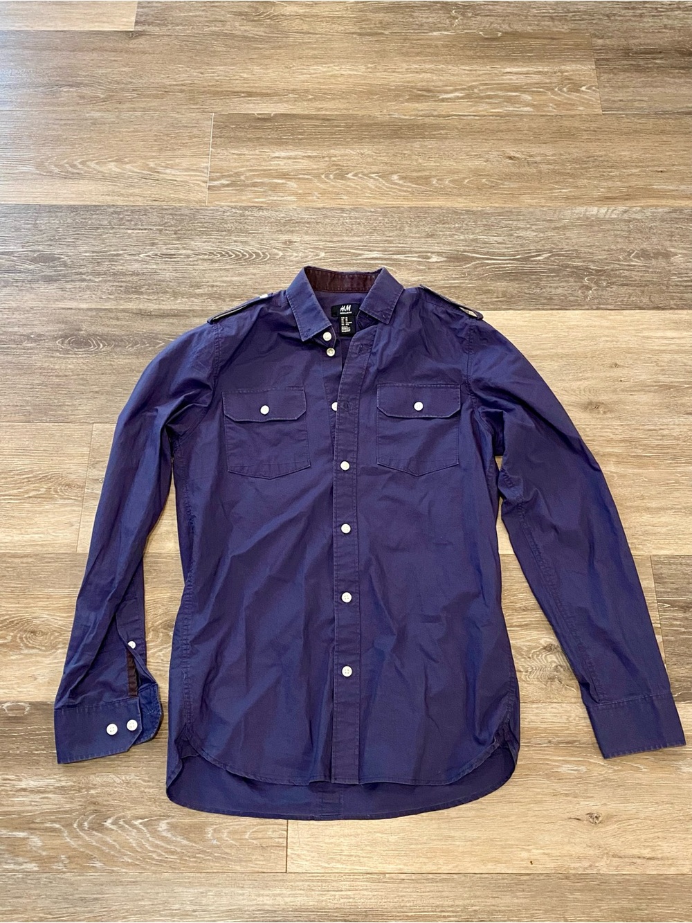 H&M Men's Dark Blue Long-Sleeve Button-Down Shirt